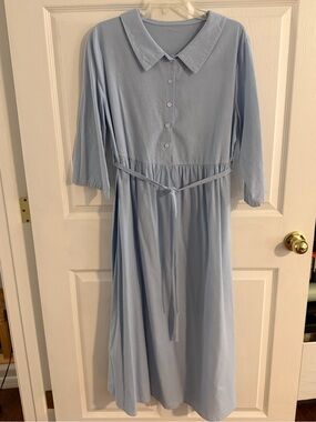Light Blue Collared Tie-Waist Maxi Dress